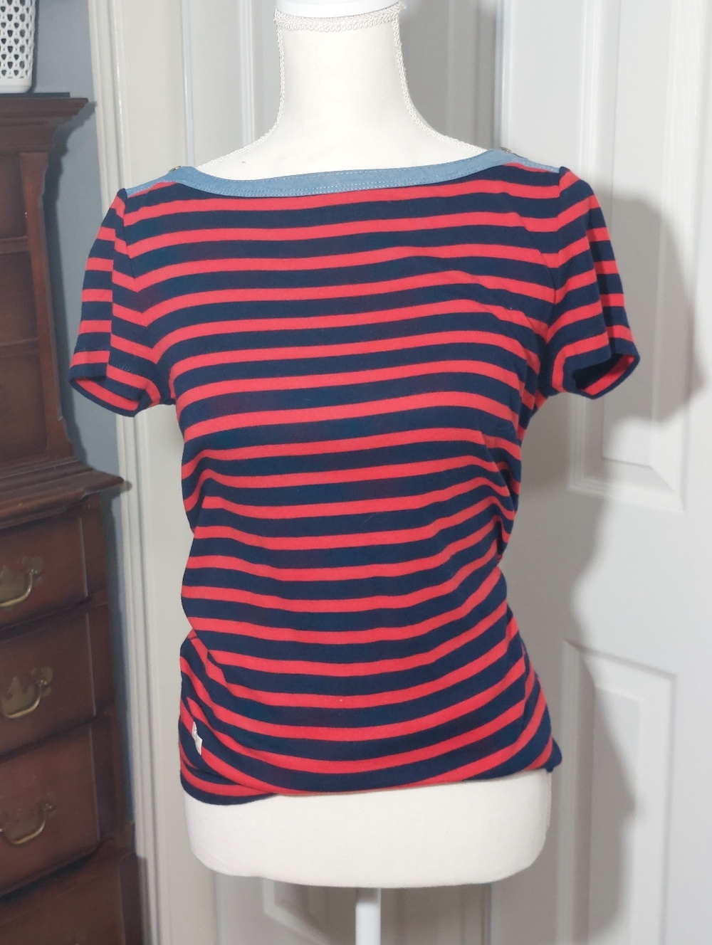 Ralph Lauren Navy and Red Striped Short Sleeve Top